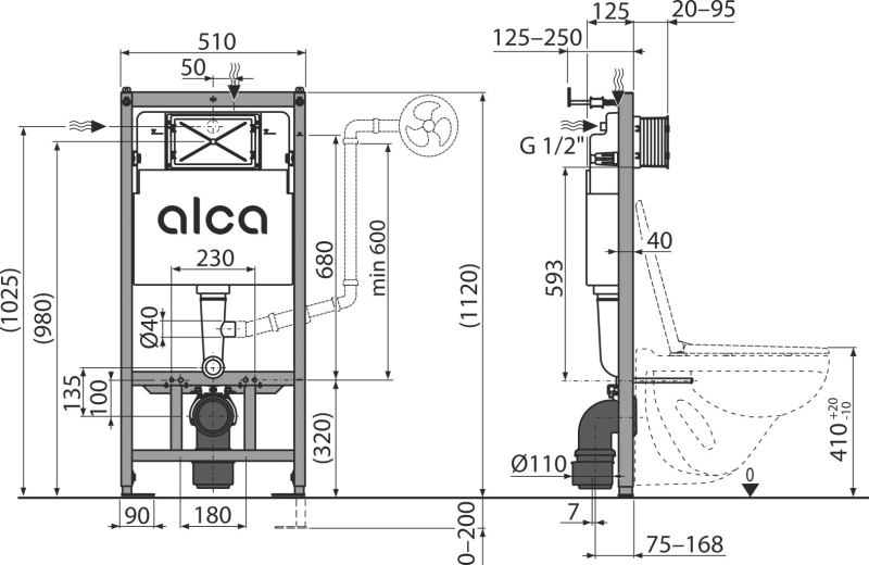 Alca 1.12m frame & cistern (12cm deep) WRAS air gap