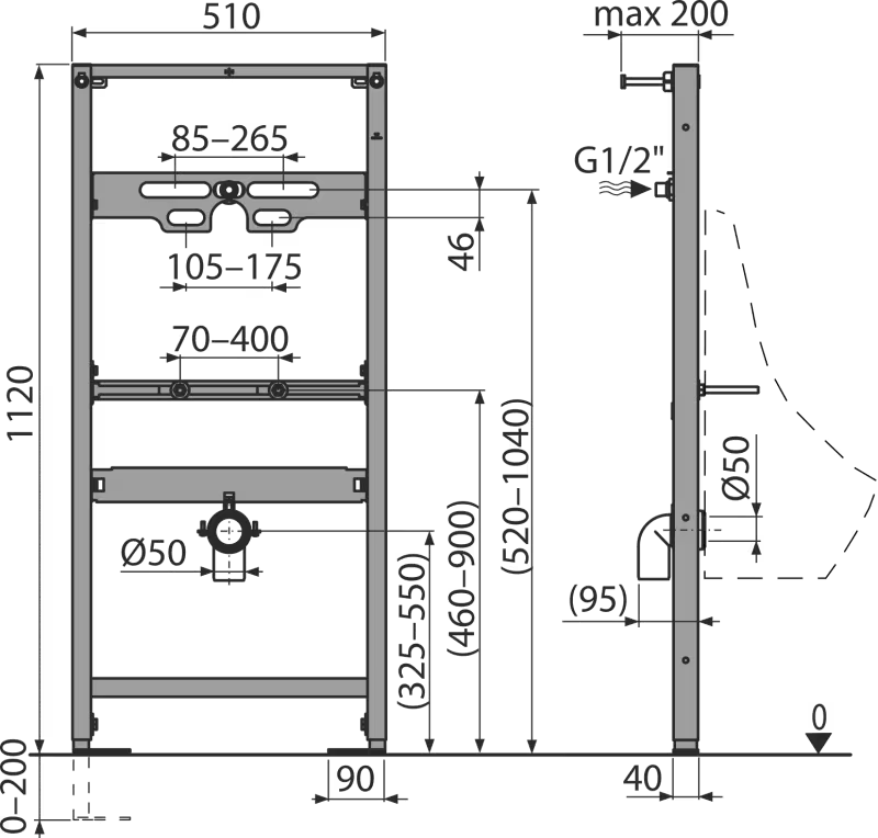 Alca 1.12m Urinal Installation Frame